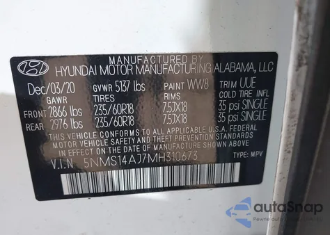 2021 Hyundai Santa Fe Se z USA, uszkodzony, nr VIN 5NMS14AJ7MH310673